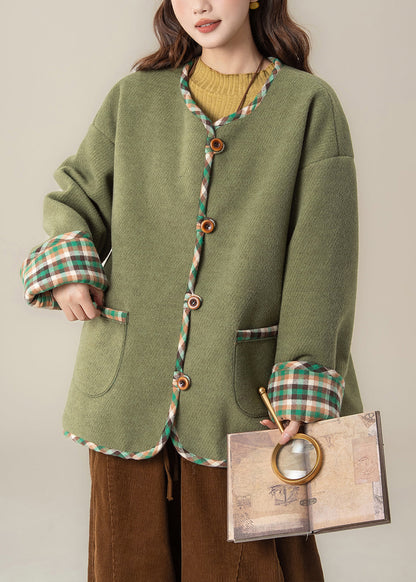 Loose Green O Neck Plaid Patchwork Woolen Coat Spring