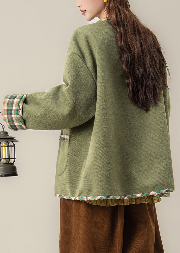 Loose Green O Neck Plaid Patchwork Woolen Coat Spring