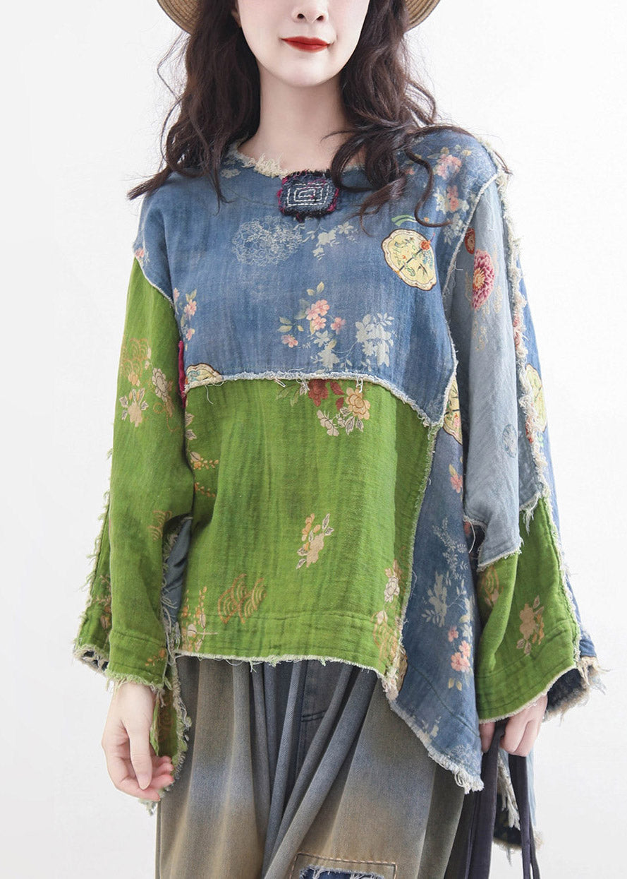 Loose Green O-Neck Print Low High Design Tops Fall