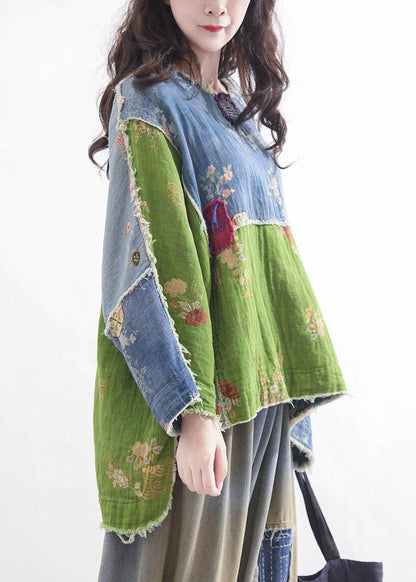 Loose Green O-Neck Print Low High Design Tops Fall