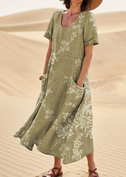 Loose Green O Neck Print Pockets Cotton Long Dresses Summer