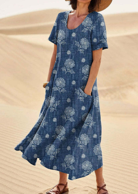 Loose Green O Neck Print Pockets Cotton Long Dresses Summer