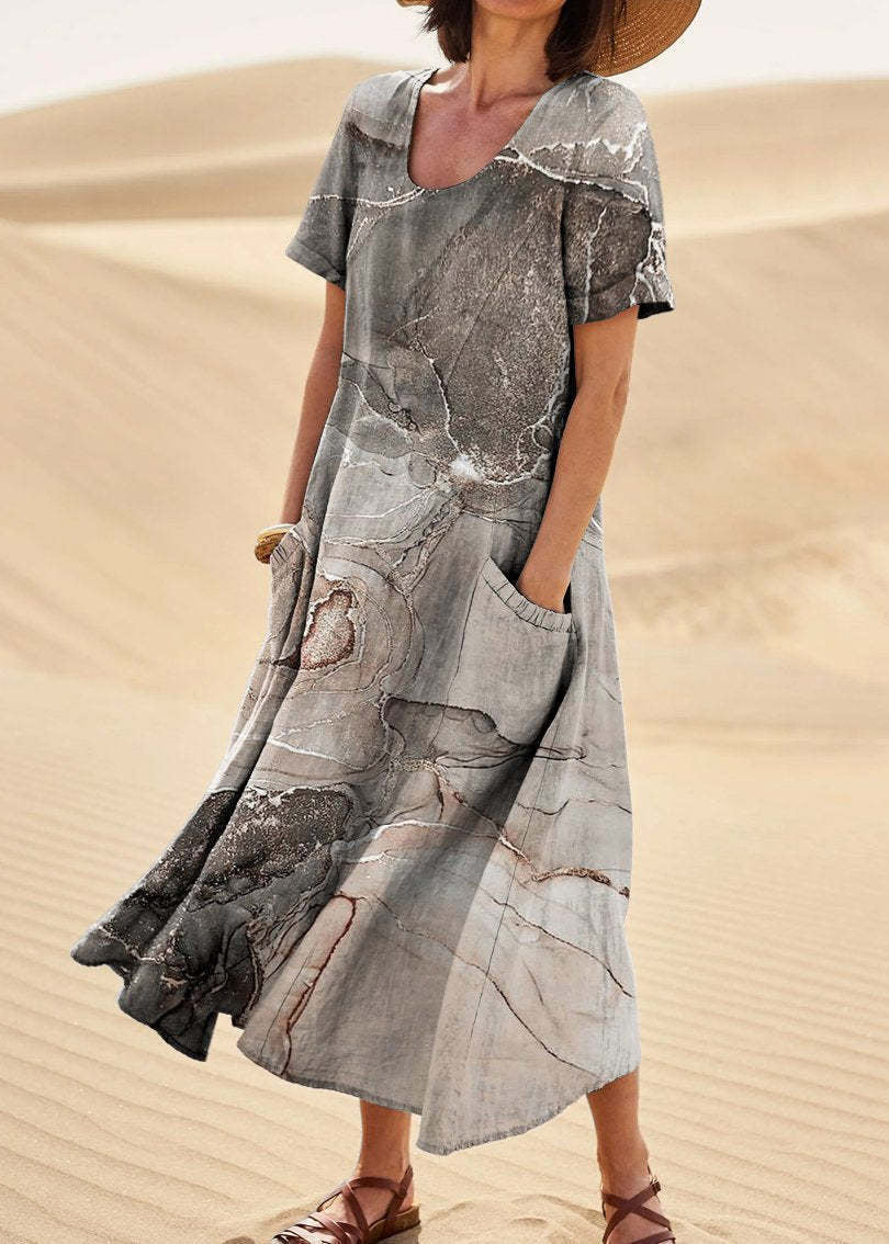 Loose Green O Neck Print Pockets Cotton Long Dresses Summer