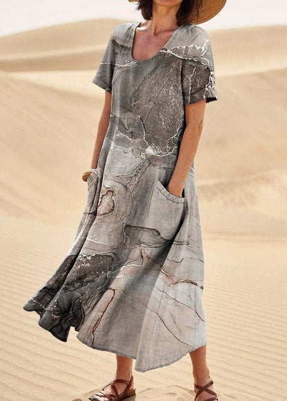 Loose Green O Neck Print Pockets Cotton Long Dresses Summer