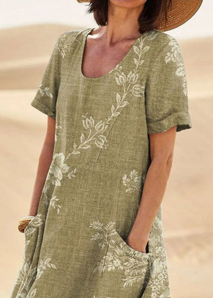 Loose Green O Neck Print Pockets Cotton Long Dresses Summer