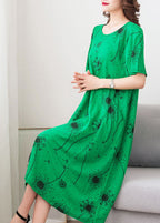 Loose Green O Neck Print Pockets Patchwork Cotton Dress Summer