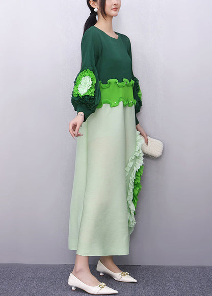 Loose Green O-Neck Ruffled Patchwork Long Dress Fall