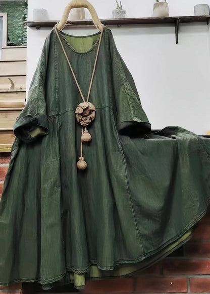 Loose Green O Neck Solid Cotton Mid Dress Long Sleeve