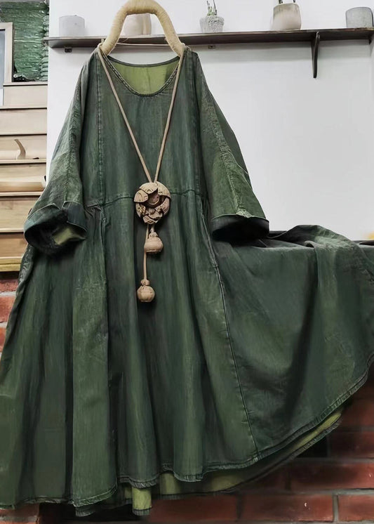 Loose Green O Neck Solid Cotton Mid Dress Long Sleeve