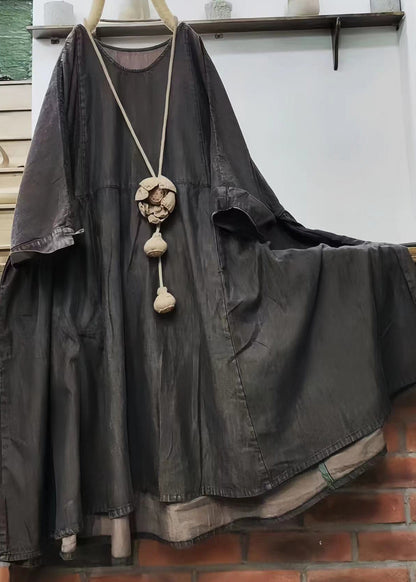 Loose Green O Neck Solid Cotton Mid Dress Long Sleeve