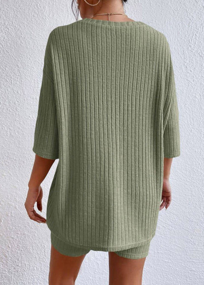 Loose Green O-Neck T Shirts And Shorts Two Piece Set Summer