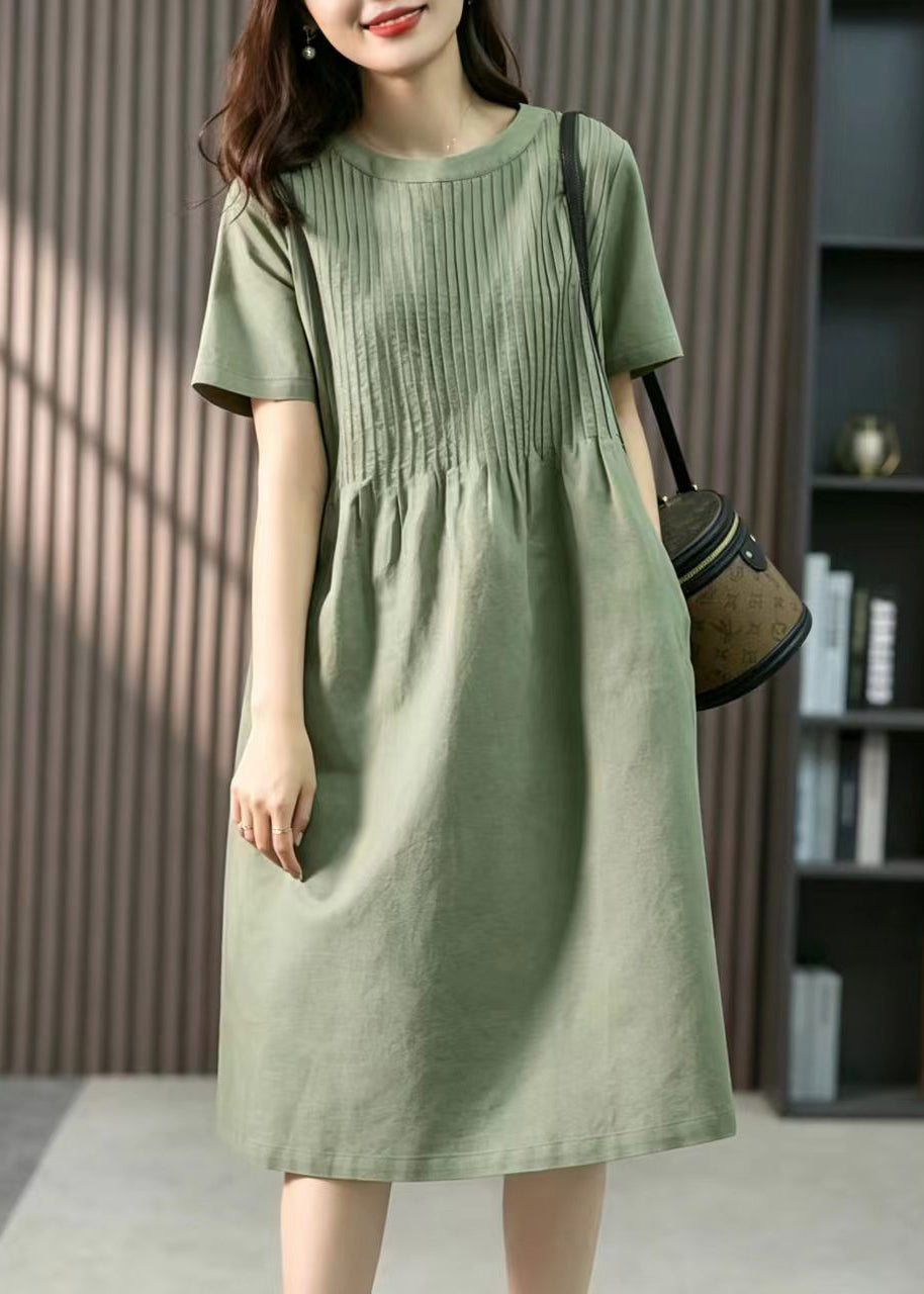 Loose Green O-Neck Wrinkled Mid Dress Short Sleeve