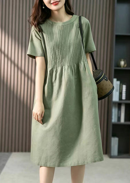 Loose Green O-Neck Wrinkled Mid Dress Short Sleeve