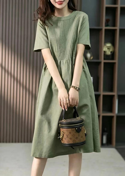 Loose Green O-Neck Wrinkled Mid Dress Short Sleeve