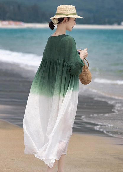 Loose Green O-Neck Wrinkled Patchwork Cotton Dress Half Sleeve