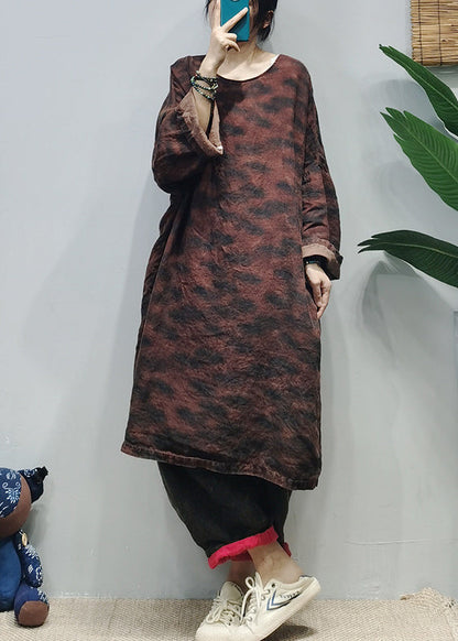 Loose Green O-Neck side open Linen Dresses Caftan Long Sleeve