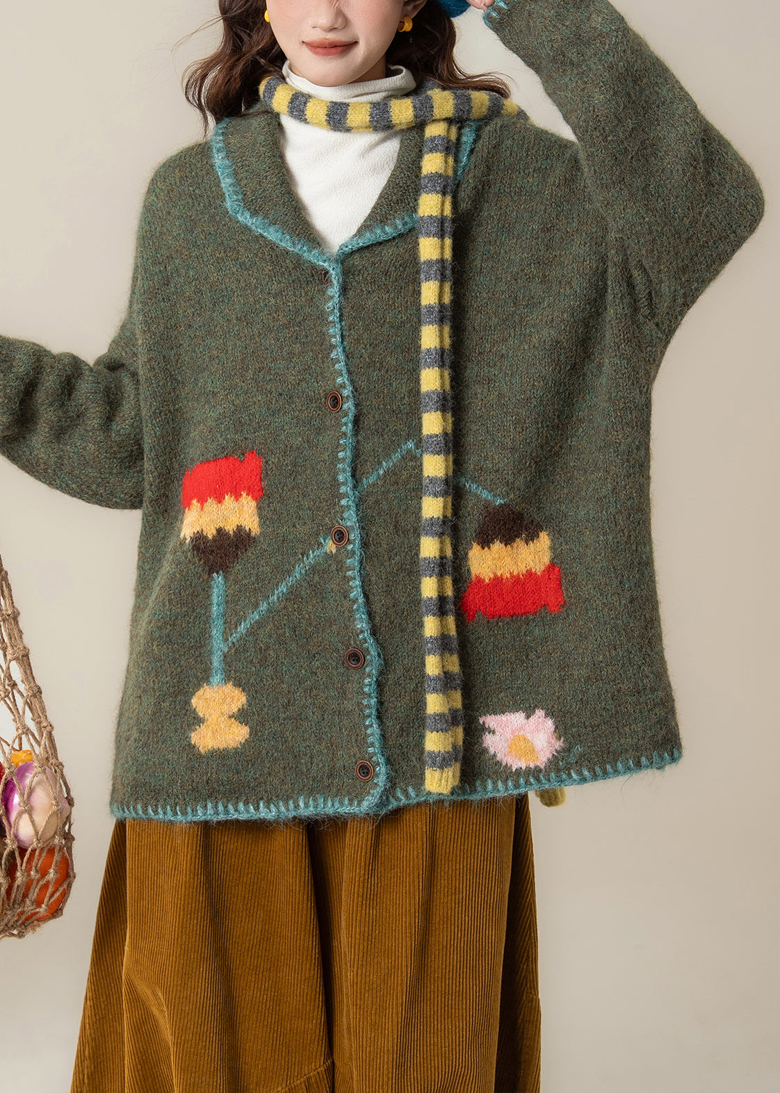 Loose Green Peter Pan Collar Button Knit Coat Spring