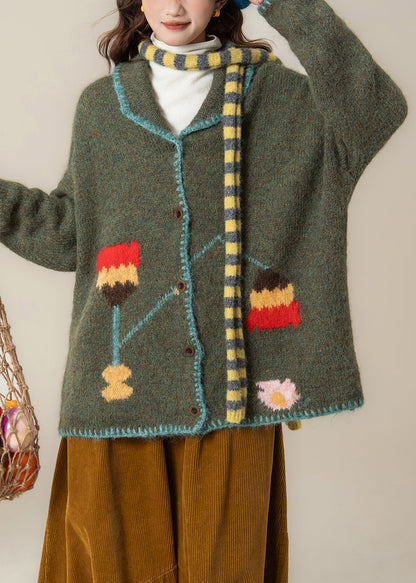 Loose Green Peter Pan Collar Button Knit Coat Spring