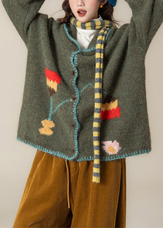 Loose Green Peter Pan Collar Button Knit Coat Spring