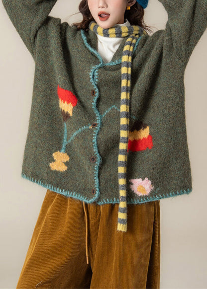 Loose Green Peter Pan Collar Button Knit Coat Spring