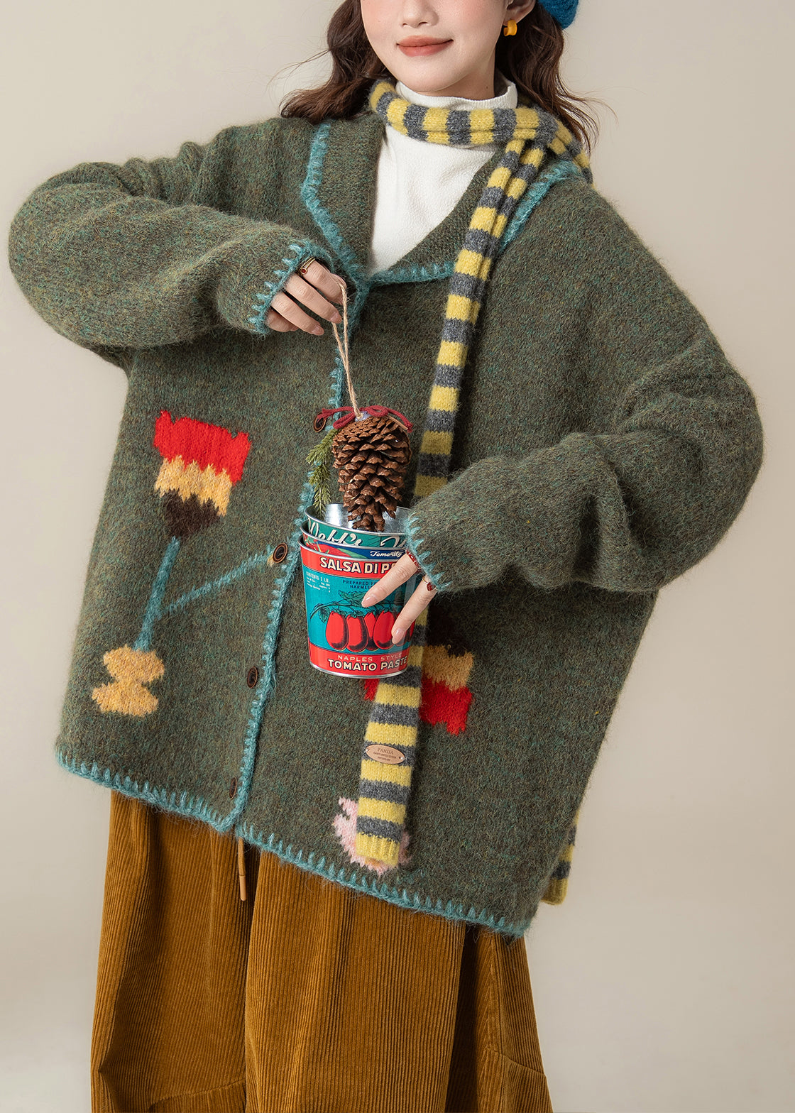 Loose Green Peter Pan Collar Button Knit Coat Spring