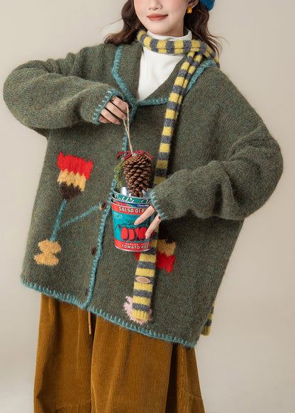 Loose Green Peter Pan Collar Button Knit Coat Spring