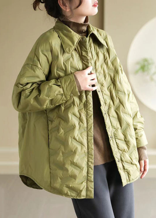 Loose Green Peter Pan Collar Button Pockets Duck Down Shirts Coat Spring