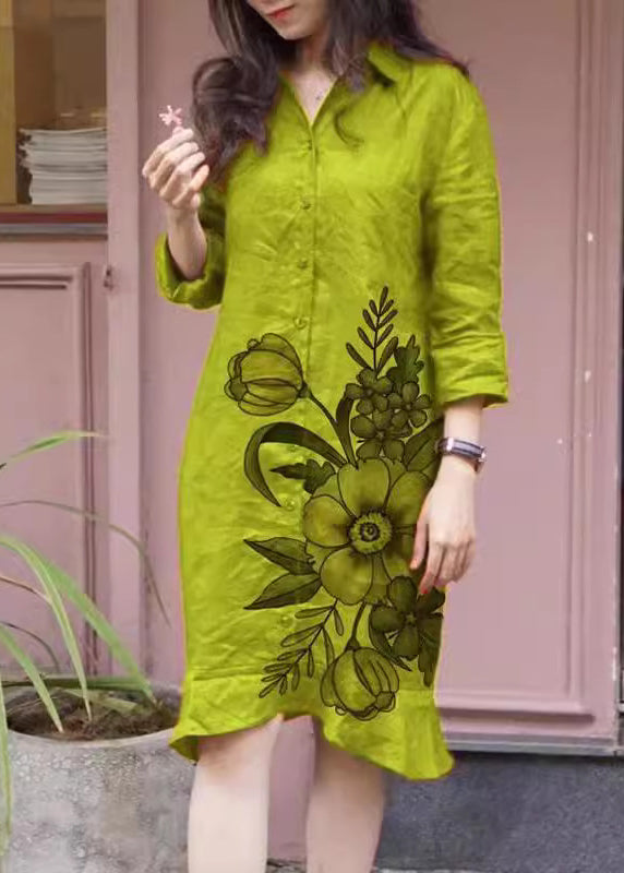 Loose Green Peter Pan Collar Print Button Long Shirts Dress Fall