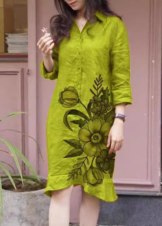 Loose Green Peter Pan Collar Print Button Long Shirts Dress Fall