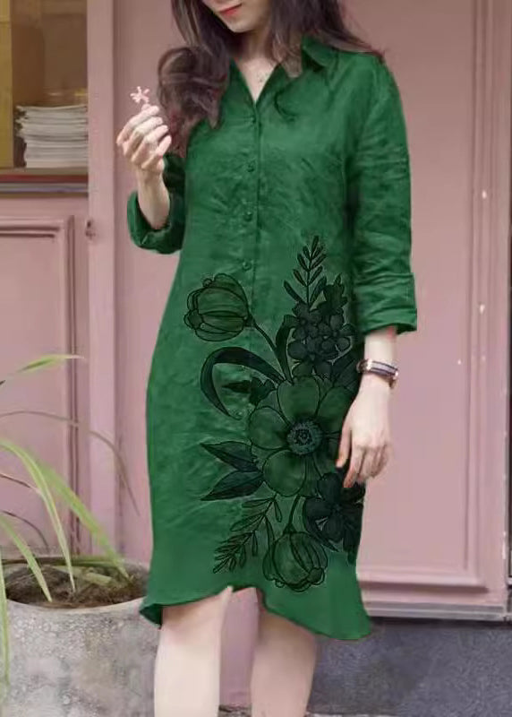 Loose Green Peter Pan Collar Print Button Long Shirts Dress Fall