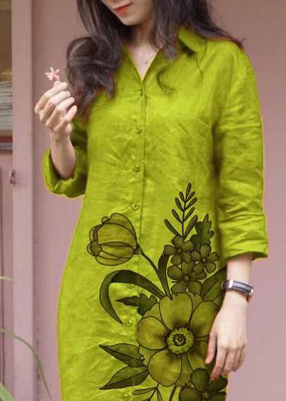 Loose Green Peter Pan Collar Print Button Long Shirts Dress Fall