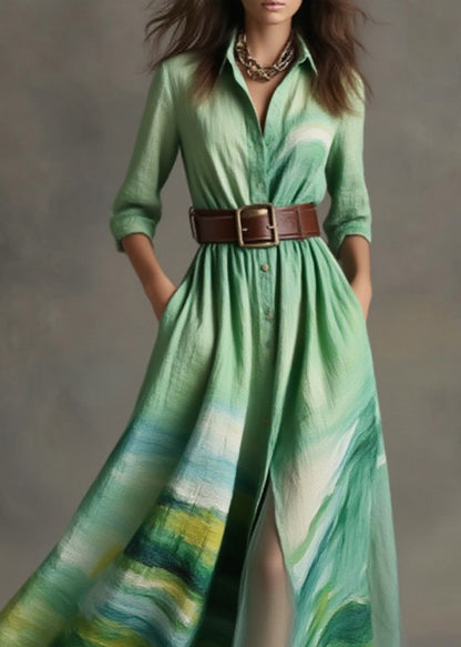 Loose Green Peter Pan Collar Print Cotton Long Dress Spring