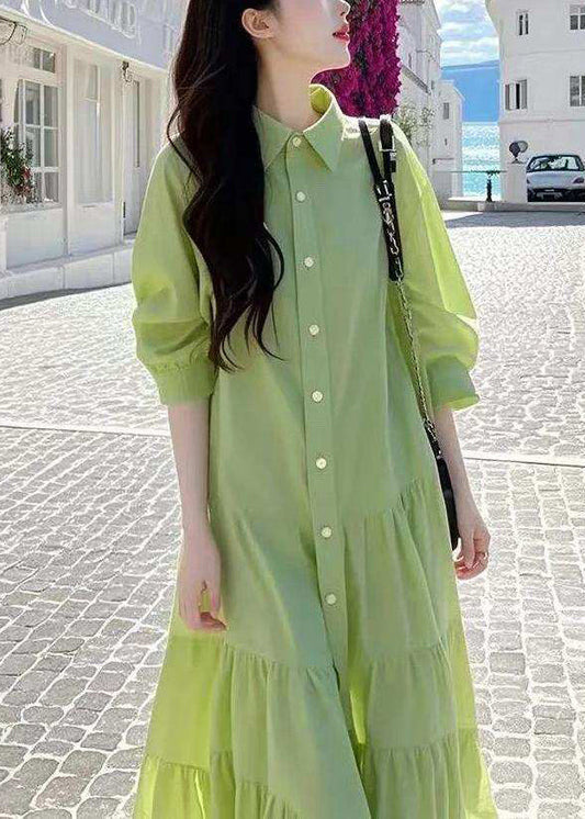 Loose Green Peter Pan Collar Wrinkled Button Cotton Blouses Dresses Fall