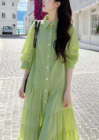 Loose Green Peter Pan Collar Wrinkled Button Cotton Blouses Dresses Fall