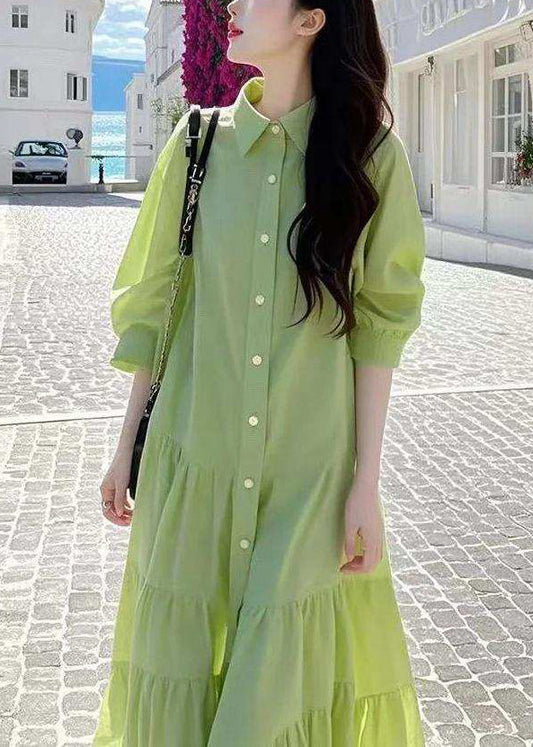 Loose Green Peter Pan Collar Wrinkled Button Cotton Blouses Dresses Fall