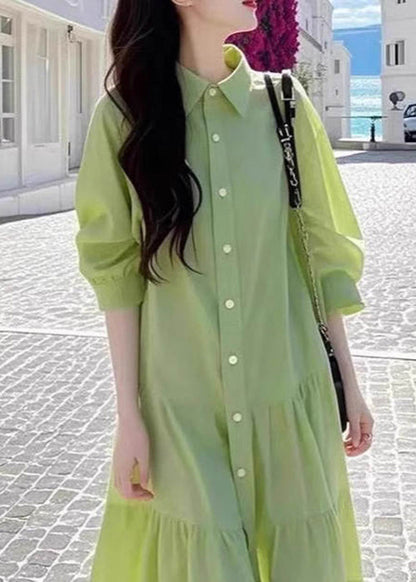 Loose Green Peter Pan Collar Wrinkled Button Cotton Blouses Dresses Fall