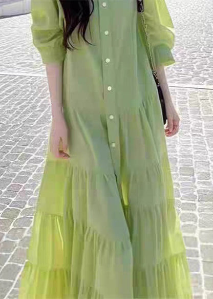 Loose Green Peter Pan Collar Wrinkled Button Cotton Blouses Dresses Fall