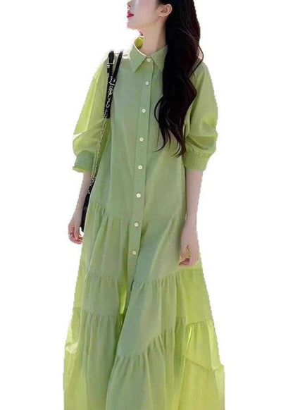 Loose Green Peter Pan Collar Wrinkled Button Cotton Blouses Dresses Fall
