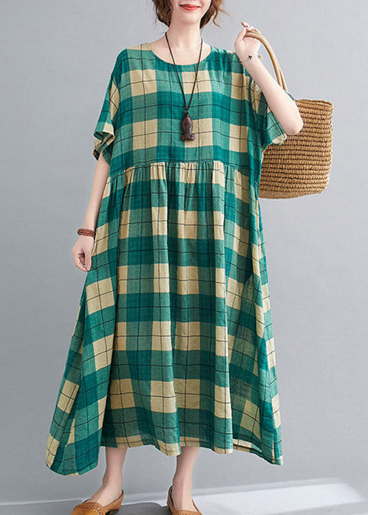 Loose Green Plaid Wrinkled Patchwork Long Dresses Summer