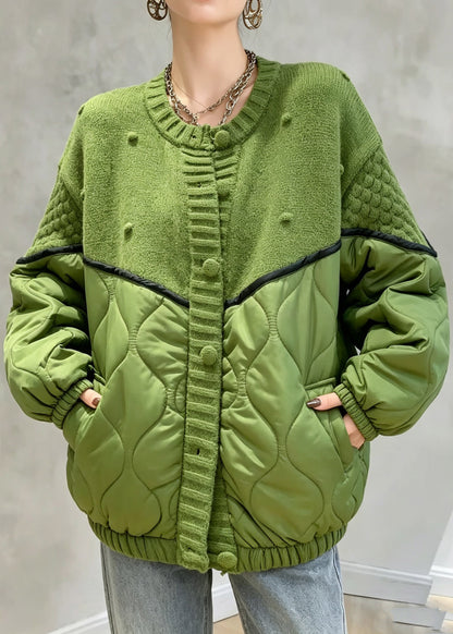 Loose Green Pockets Knit Patchwork Coat Winter