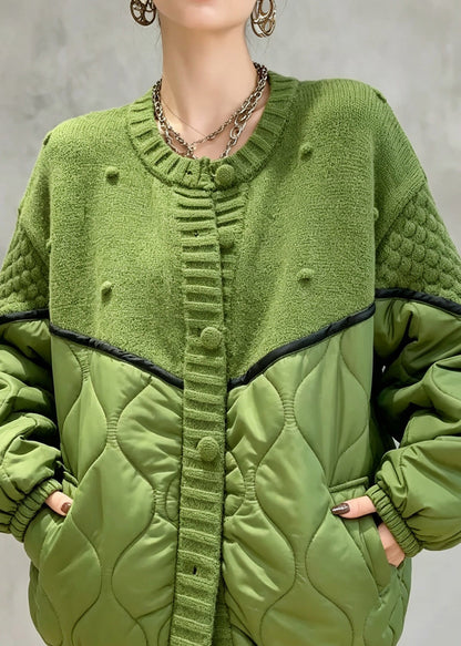 Loose Green Pockets Knit Patchwork Coat Winter