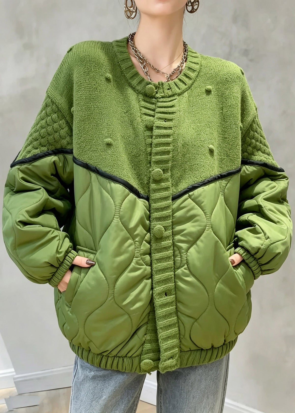 Loose Green Pockets Knit Patchwork Coat Winter