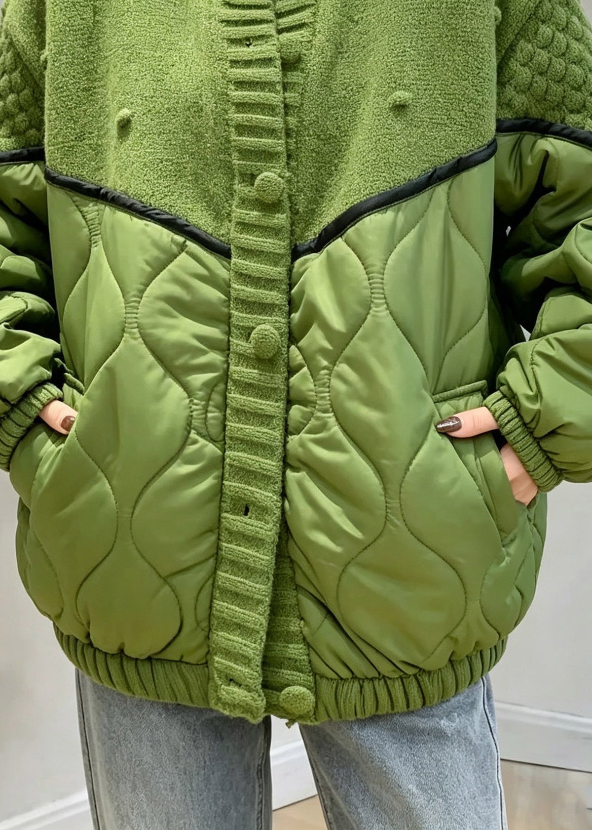 Loose Green Pockets Knit Patchwork Coat Winter