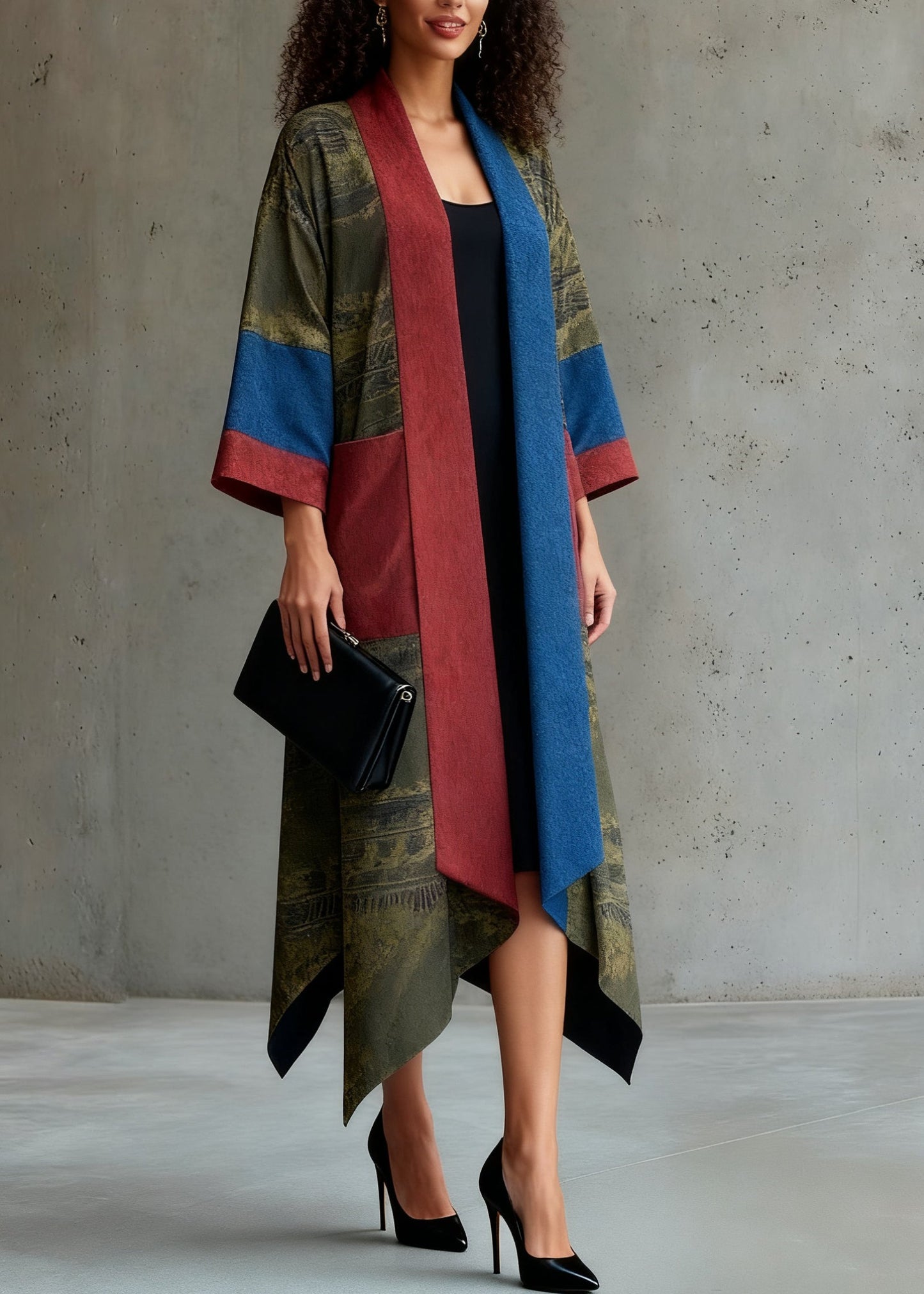 Loose Green Pockets Patchwork Silk Long Cardigans Spring