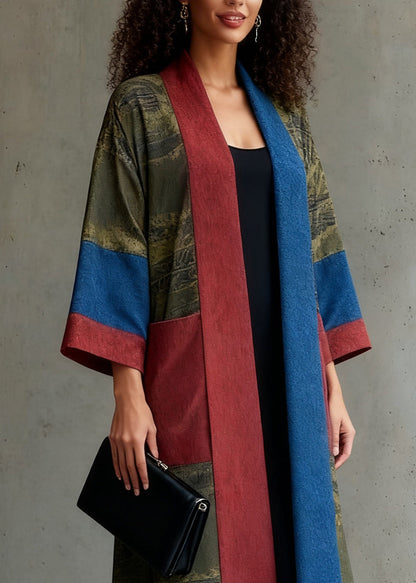 Loose Green Pockets Patchwork Silk Long Cardigans Spring