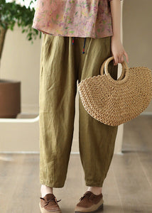 Loose Green Pockets Tie Waist Linen Wide Leg Pants