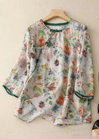 Loose Green Print Button Linen Blouse Bracelet Sleeve