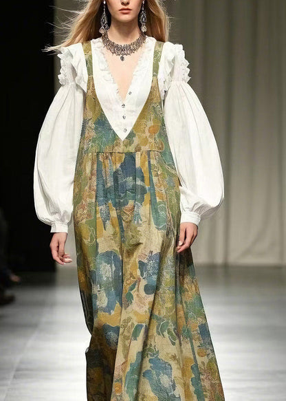 Loose Green Print Cotton Wide Leg Jumpsuits Summer