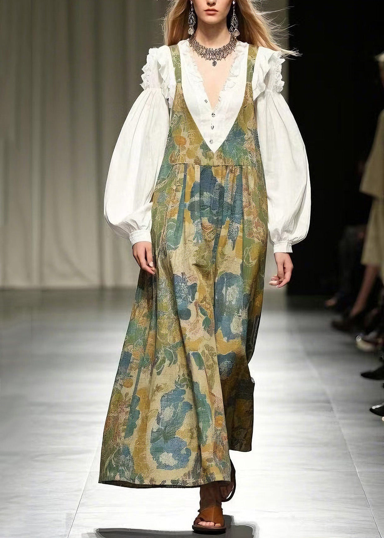 Loose Green Print Cotton Wide Leg Jumpsuits Summer