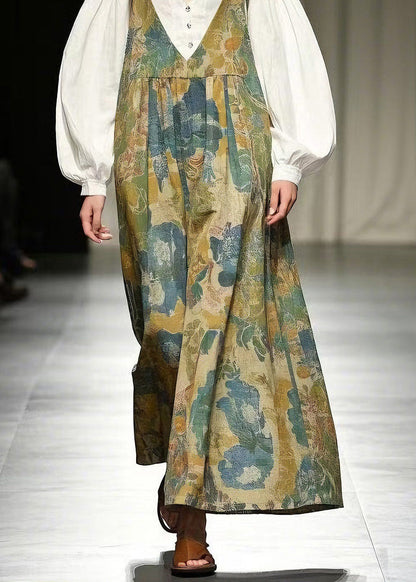Loose Green Print Cotton Wide Leg Jumpsuits Summer
